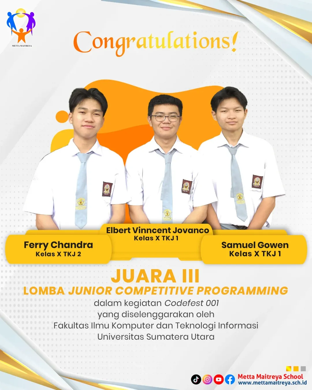 Prestasi Peserta Didik dalam Lomba Junior Competitive Programming dalam kegiatan Codefest 001 | SMK METTA MAITREYA